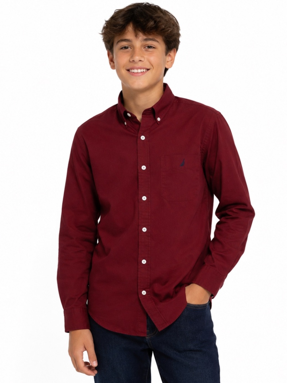 Nautica Boys Long Sleeve Button-Up Dress Shirt Burgundy Size 16